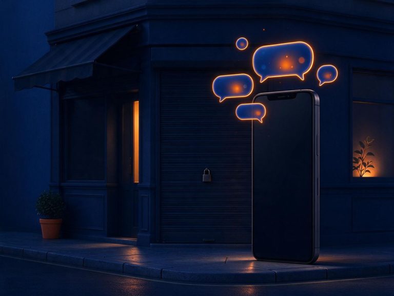 Negozio chiuso di sera e smartphone con chat luminose