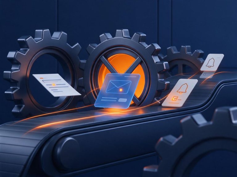 Ingranaggi e nastro trasportatore che smistano email e promemoria