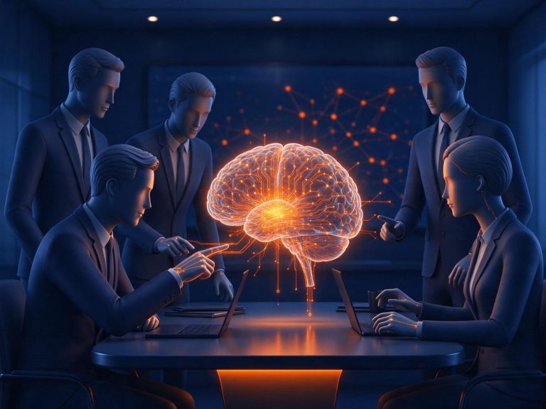 Un team in riunione attorno a un cervello digitale luminoso